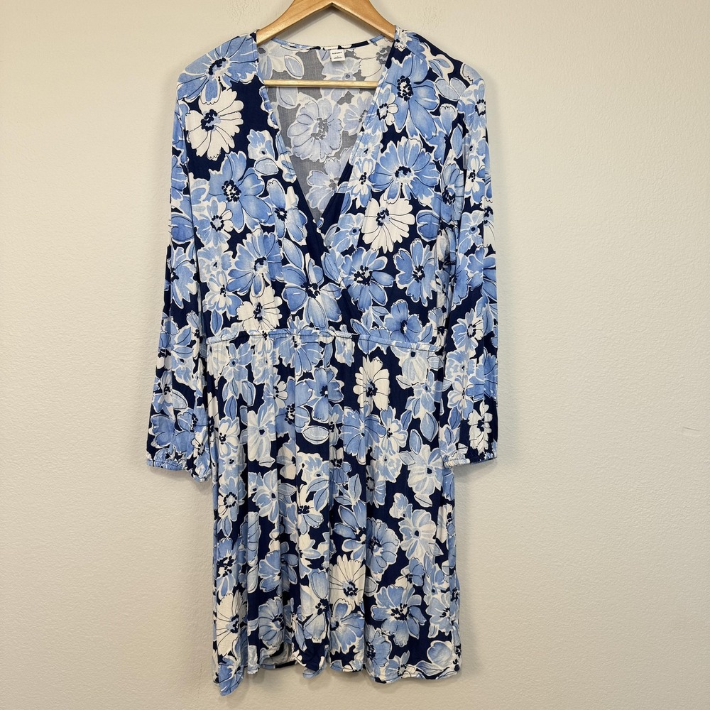 Old Navy Dress Women's Large Blue White Floral Long Sleeve V Neck Boho Spring